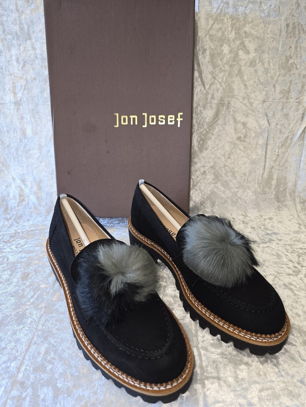Women's Black Suede Loafers with Gray Pom Detail
